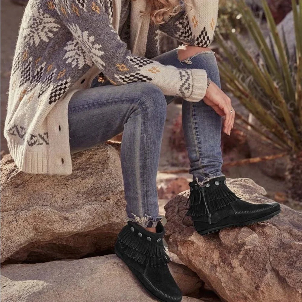 Minnetonka Black Suede Double Fringe Side Zip Ankle Bootie